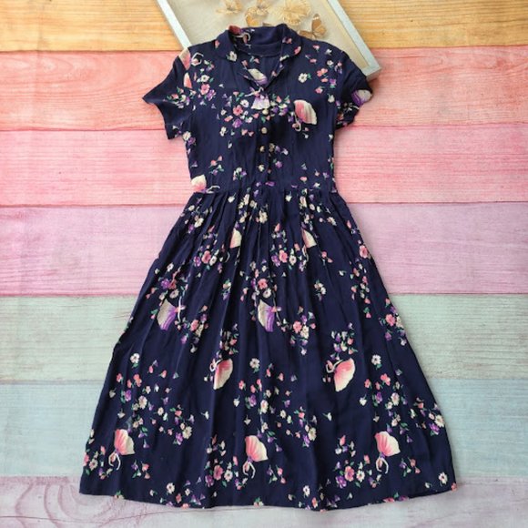 Vintage Dresses & Skirts - Vintage 40s Navy Floral Dancer Print Fit & Flare Midi Day Dress Small